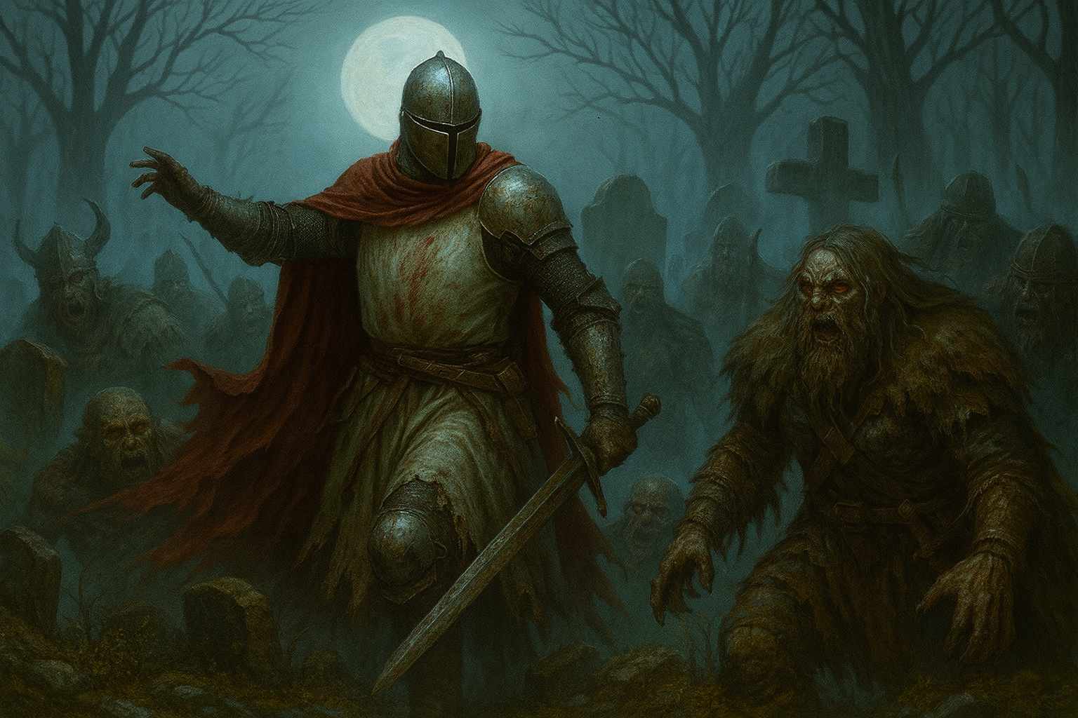 Dark fantasy PC wallpaper showing a medieval knight advancing through a foggy graveyard while undead creatures rise around him under a full moon. This cinematic digital artwork creates a dark, immersive atmosphere, ideal for gaming setups, creative workspaces, and fantasy-themed desktop environments.