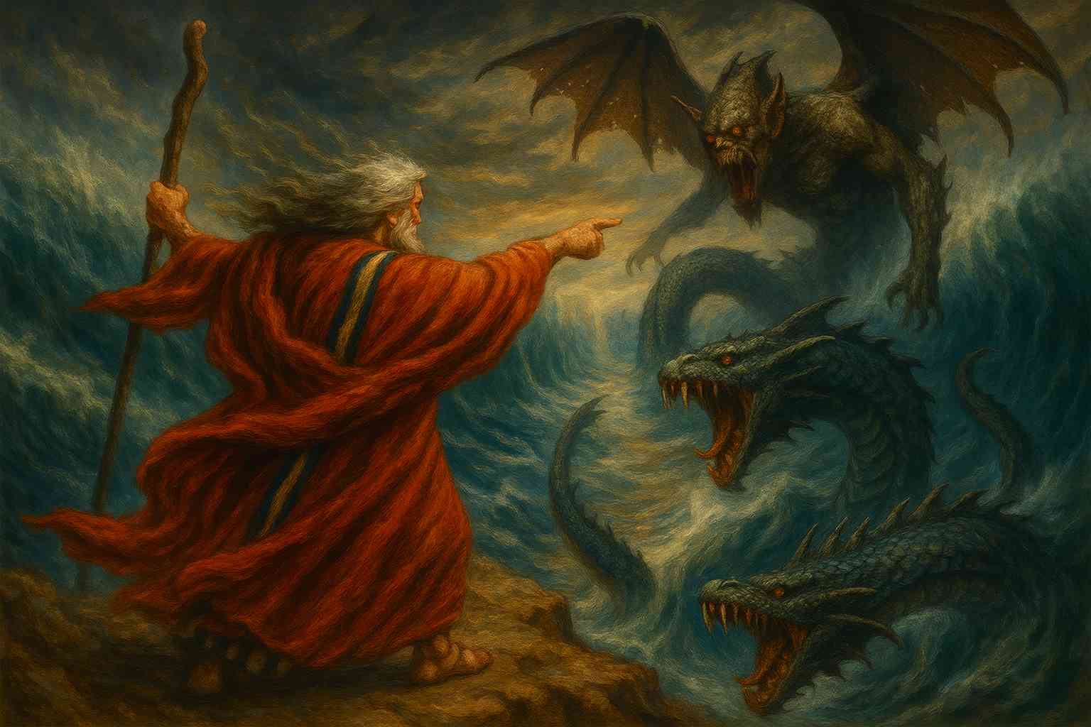 Dark Fantasy wallpaper depicting an epic battle between a powerful mage and a leviathan sea monster, set in a stormy ocean with dramatic, fiery visual elements. Created by Marcel W-Dagrou, perfect for fantasy art fans, gamers, and those who want a dynamic, mythological scene for their digital environment.
