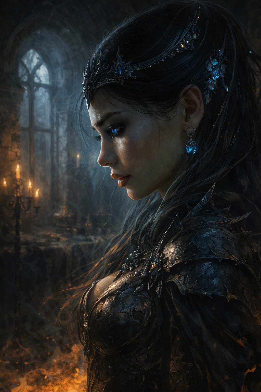 Dark Fantasy mobile wallpaper featuring the Veiled Empress of Midnight Faith, a powerful sorceress in dark thorned armor, sapphire crystal adornments, candlelit ruined cathedral, emberlit floor, mystical gothic atmosphere, vertical artwork optimized for fantasy phone screens with rich dramatic details.