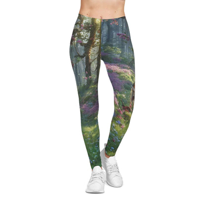 Discovery Forest women’s casual leggings featuring a woodland-inspired all-over print with mossy greens, wildflowers, and tree silhouettes. Perfect for yoga, casual wear, or artistic fashion.