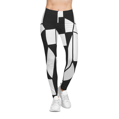 Facettes women’s casual leggings featuring a bold retro-inspired abstract design with black-and-white geometric shapes. Perfect for yoga, workouts, or minimalist fashion styling.