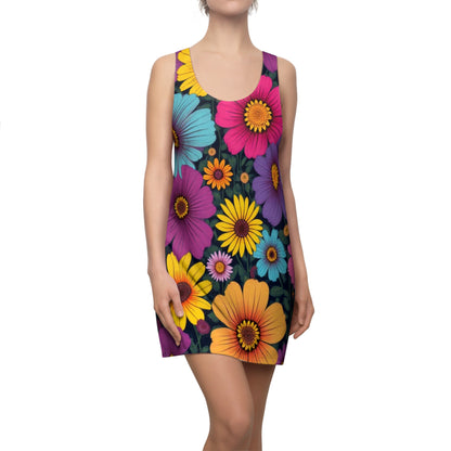 Retro 60s Naïve Floral Racerback Dress – Bold Colorful Summer Style