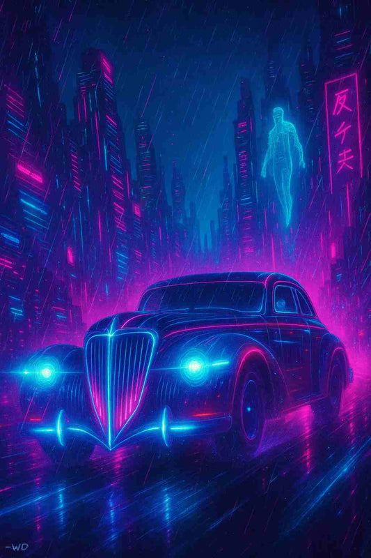 Neon retro futuristic car drives through electric rain in a cyberpunk megacity, headlights glowing blue and magenta as wet streets reflect towering skyscrapers, holographic signs and distant spectral figure, creating a mysterious night scene designed for smartphone lock screen and home screen use