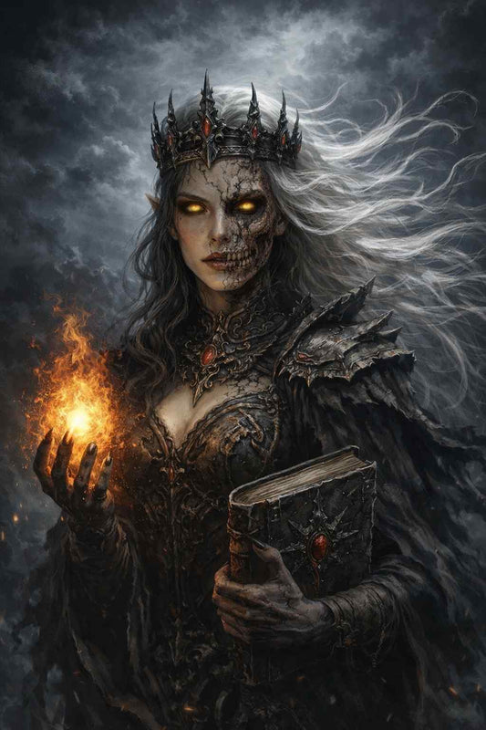 Dark fantasy mobile wallpaper showing a half-skeletal sorceress queen with glowing golden eyes, holding a blazing sphere of fire in one hand and a cursed grimoire in the other, her storm-torn hair and scorched armor illuminated by embers and swirling darkness for a dramatic, magical atmosphere.