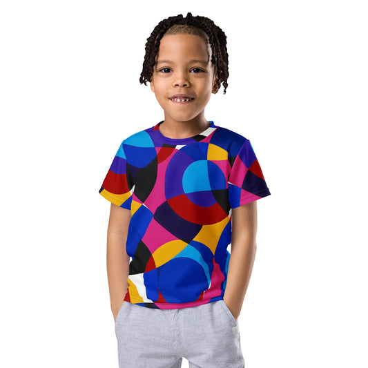 Child wearing a colorful Kids T-Shirt with The Geometry of Sound abstract geometric pattern featuring circles in blue, red, yellow, and pink. Artistic retro design inspired by modernist color harmony.