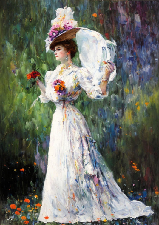 alt="Digital painting of Lady Eléonor in a white Victorian dress and floral hat, holding a parasol and bouquet, in an impressionist garden scene"