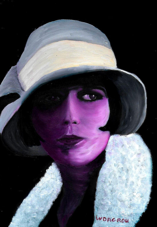Art Deco oil painting of Louise Brooks by W-Dagrou – violet tones, vintage glamour portrait for digital download
