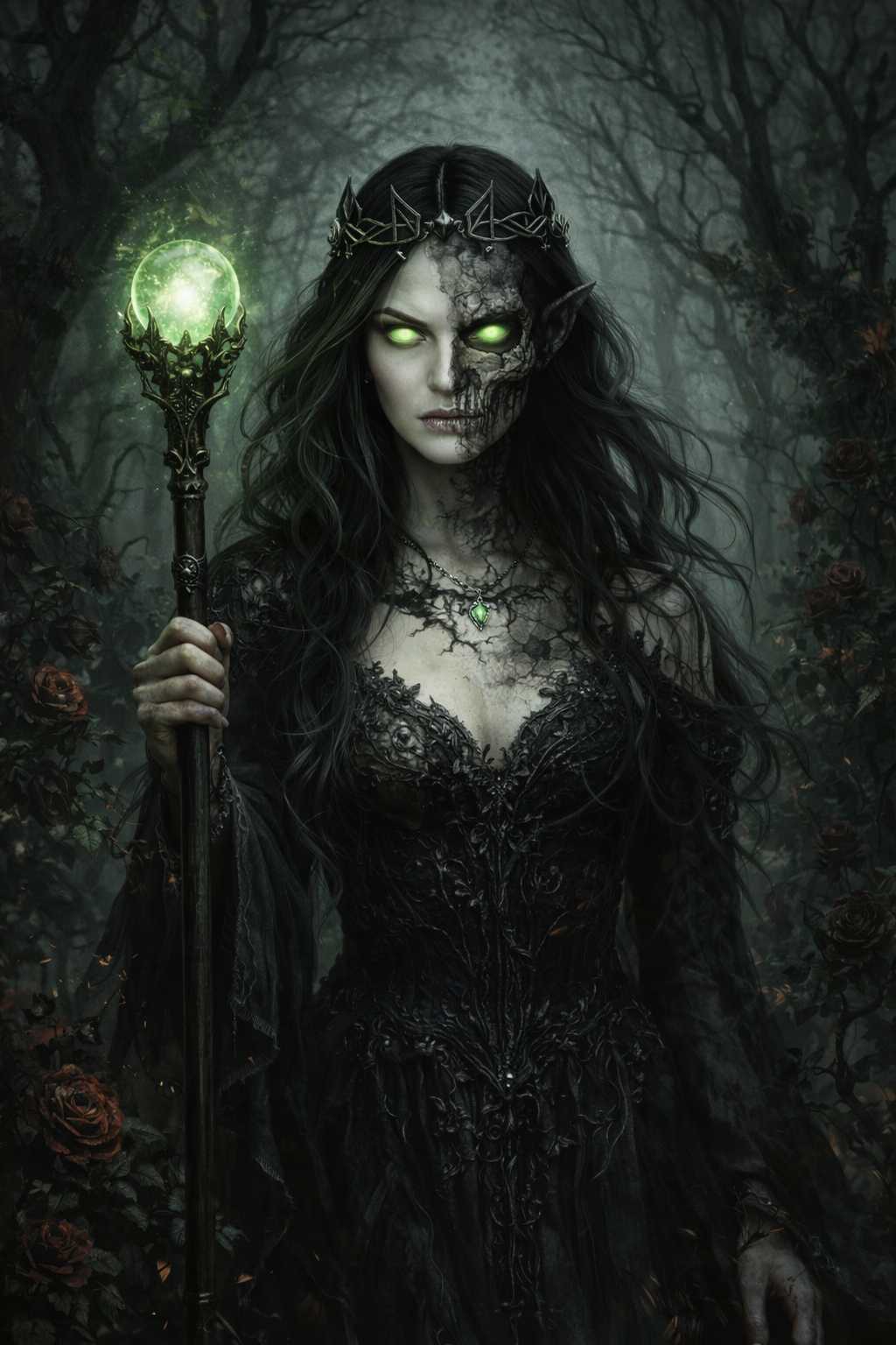 Dark Fantasy mobile wallpaper showing The Verdant Revenant, a cursed forest sorceress with half-decayed face, glowing green eyes and a luminous magical orb, surrounded by twisted trees, withered roses, drifting mist and deep shadows, designed for vertical smartphone screens to create an immersive, atmospheric dark fantasy experience.
