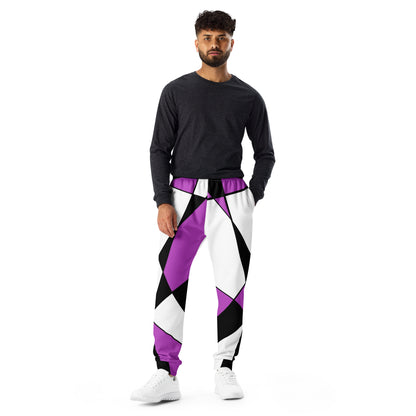 All-Over Print Recycled Men’s Joggers featuring Retro Geometry 60s – Purple Edition design. Bold geometric pattern in purple, black, and white. Retro 60s fashion meets modern comfort and sustainable streetwear.