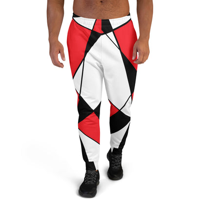 All-Over Print Recycled Men’s Joggers with Retro Geometry 60s – Red Edition design. Bold geometric red, black, and white op art pattern inspired by 1960s retro fashion. Sustainable, stylish, and comfortable streetwear joggers.