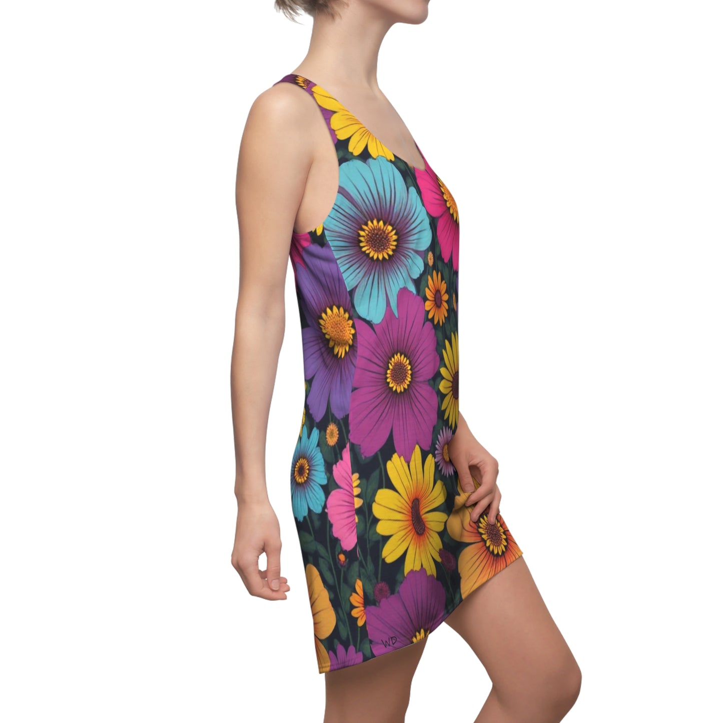 Retro 60s Naïve Floral Racerback Dress – Bold Colorful Summer Style