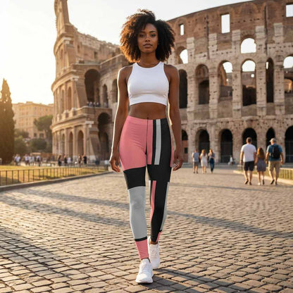 Young African-descendant woman walking near the Colosseum in Rome wearing soft pink black and gray 60s retro geometric leggings, lifestyle fashion photography, urban travel scene, premium all-over print leggings design, modern vintage sportswear style for women
