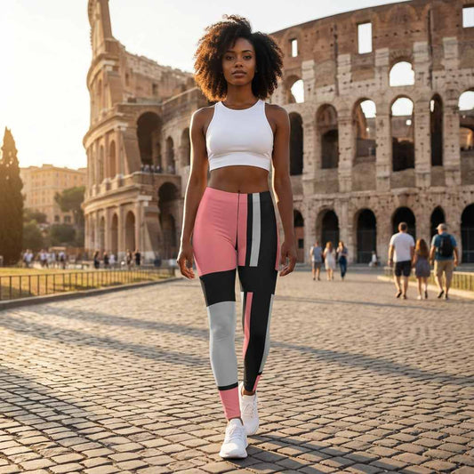 Young African-descendant woman walking near the Colosseum in Rome wearing soft pink black and gray 60s retro geometric leggings, lifestyle fashion photography, urban travel scene, premium all-over print leggings design, modern vintage sportswear style for women