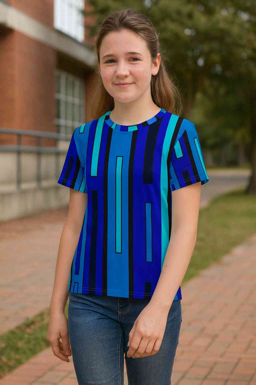 Teen girl wearing the All-Over Print Youth Crew Neck T-Shirt – Traits abstract vintage design in blue and turquoise tones, standing outdoors in a casual everyday scene. Perfect visual for artistic teen fashion.
