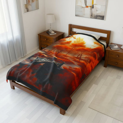 velveteen plush blanket autumn snow in park design displayed on modern wooden bed warm autumn colors visible from slightly elevated angle cozy bedroom decor soft lighting detailed landscape pattern creating an inviting seasonal atmosphere