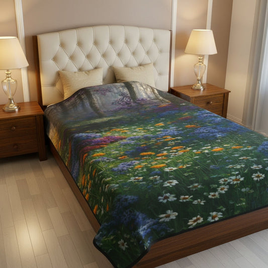 velveteen plush blanket whispers of a blooming forest shown from elevated angle on luxurious bedroom bed wildflowers green tones nature inspired design soft lighting cozy premium decor