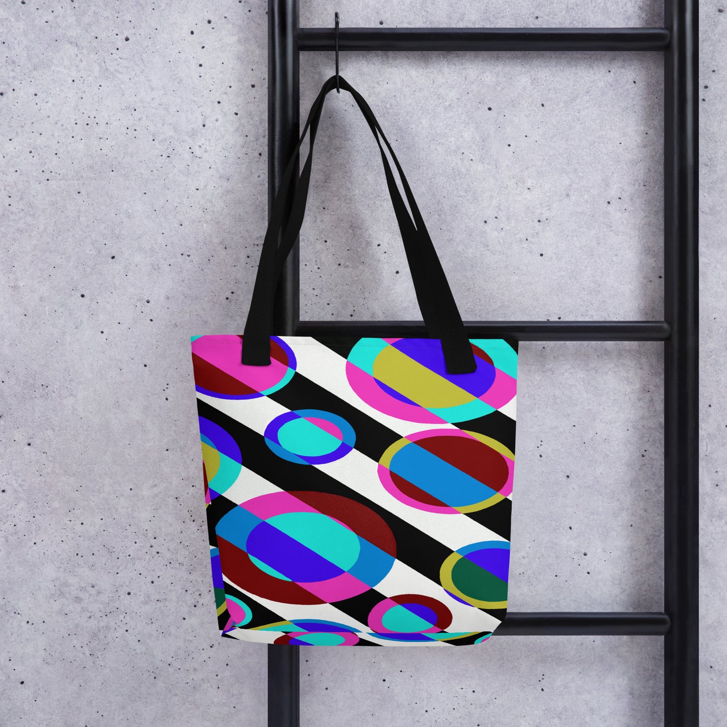 All-Over Print Tote Bag with Bubble 3 retro 60s abstract design featuring colorful circles and bold geometric patterns. Vibrant, durable, and artistic everyday accessory.