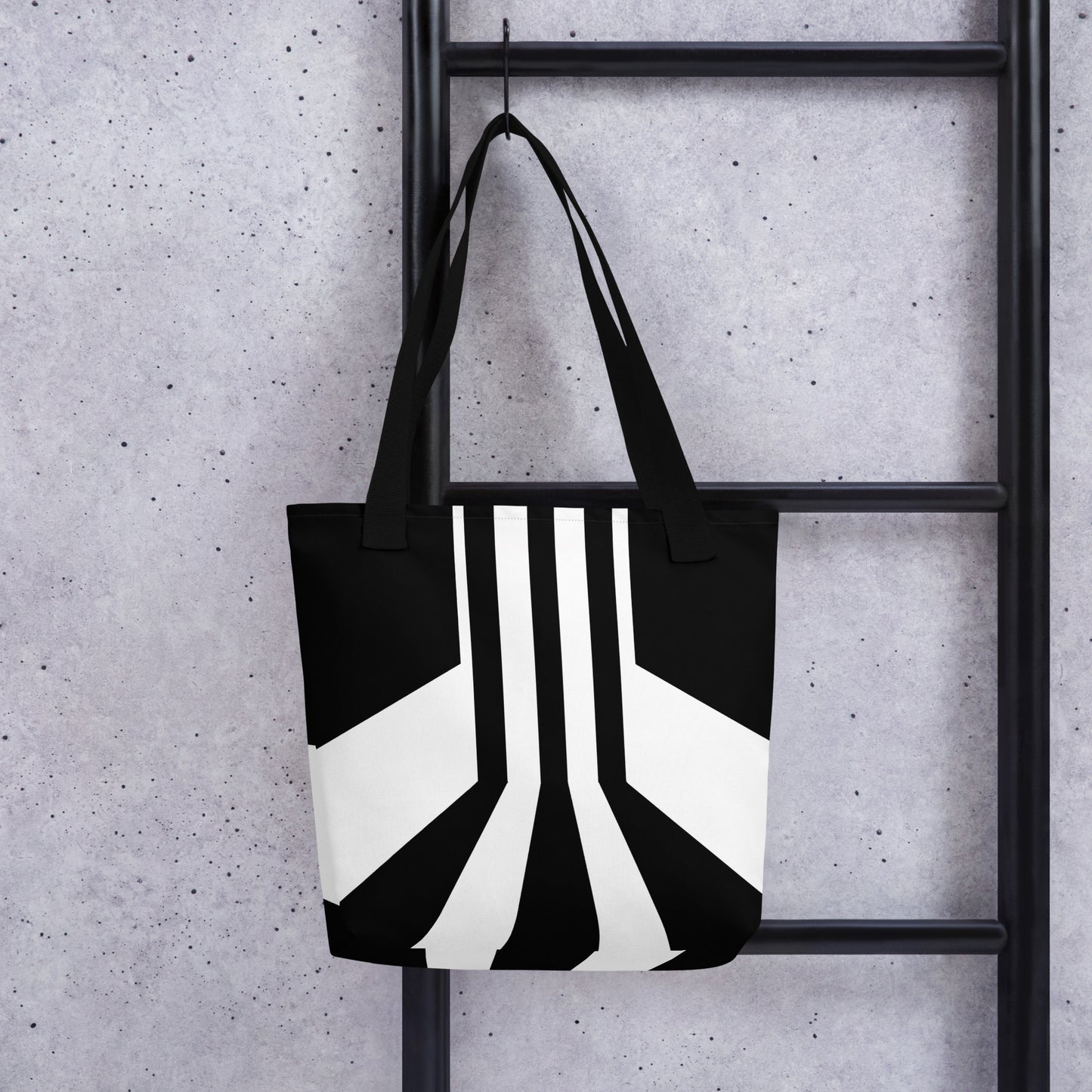 All-Over Print Tote Bag featuring Metropolis Art Deco black and white geometric design. Elegant minimalist pattern inspired by vintage architecture. Durable polyester fabric with cotton handles — a timeless, artistic fashion accessory.