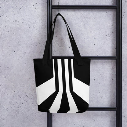 All-Over Print Tote Bag featuring Metropolis Art Deco black and white geometric design. Elegant minimalist pattern inspired by vintage architecture. Durable polyester fabric with cotton handles — a timeless, artistic fashion accessory.