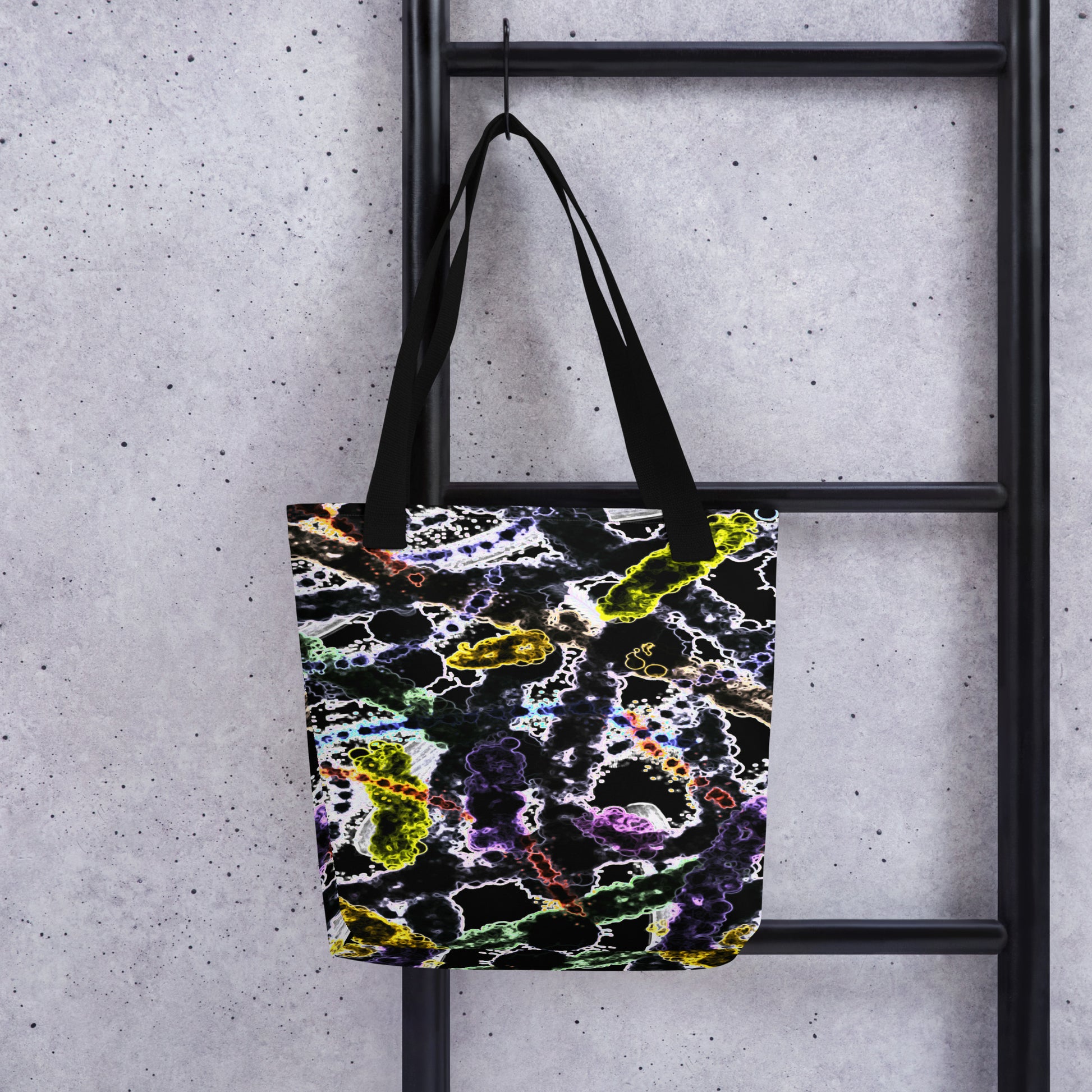 All-Over Print Tote Bag with Organismes design showing colorful abstract microscopic shapes, fluid patterns, and organic textures. Artistic and durable everyday accessory with vibrant colors.