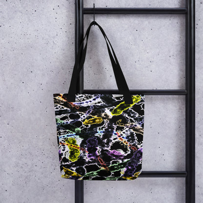 All-Over Print Tote Bag with Organismes design showing colorful abstract microscopic shapes, fluid patterns, and organic textures. Artistic and durable everyday accessory with vibrant colors.