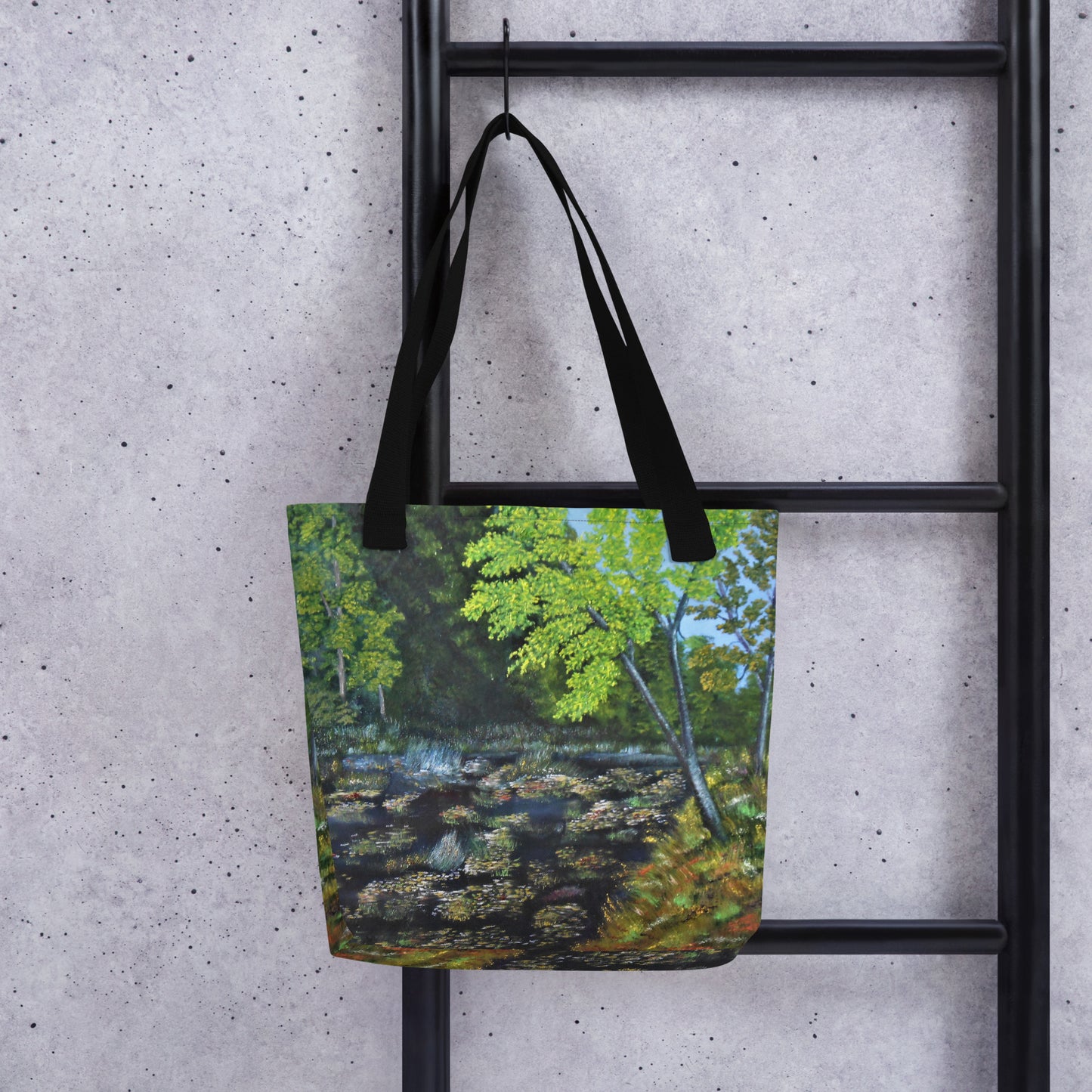 All-Over Print Tote Bag with Ponds oil painting design showing a calm forest and pond landscape. Nature-inspired artwork with green trees and reflections, artistic and durable everyday accessory.