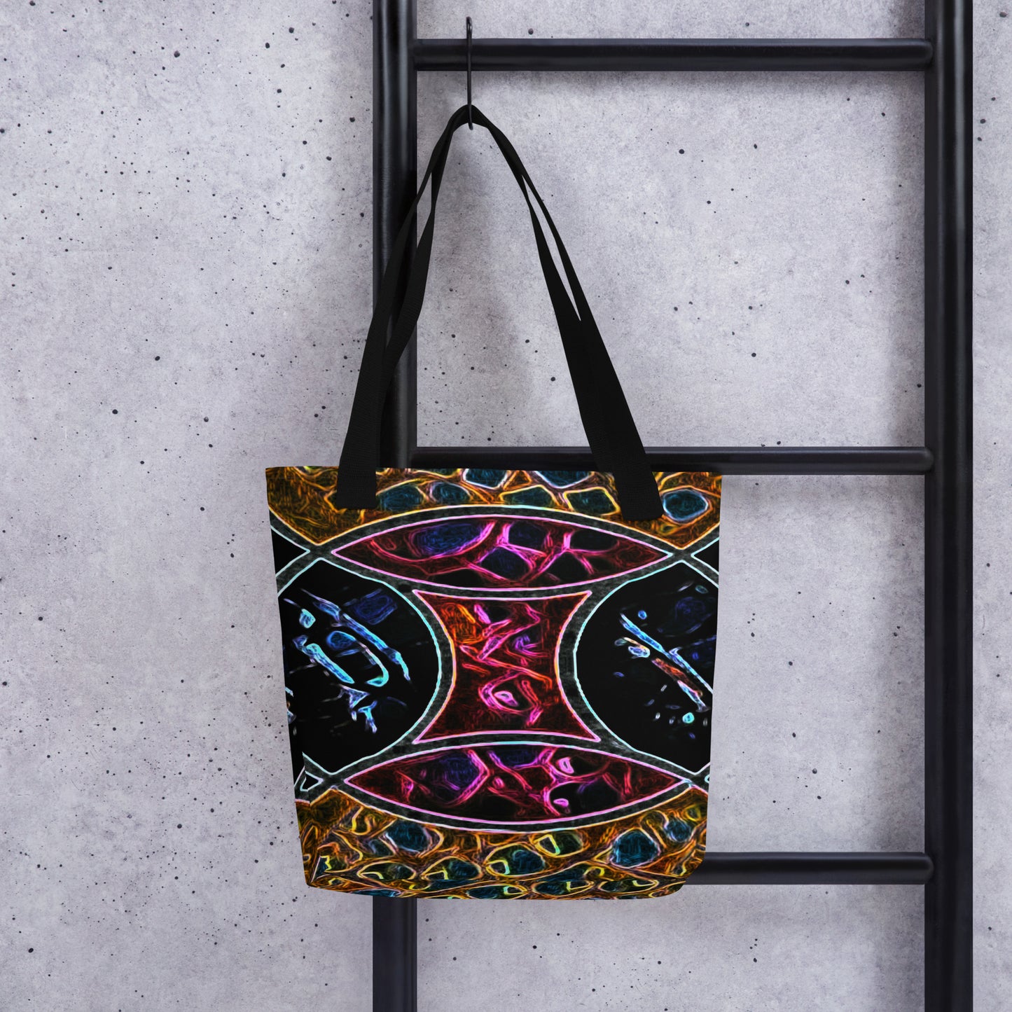 Product All-Over Print Tote Bag (tote bag) featuring Rune 2 Viking-inspired design with runic geometry and bold colors. Durable polyester and cotton handles create a stylish and artistic everyday accessory.
