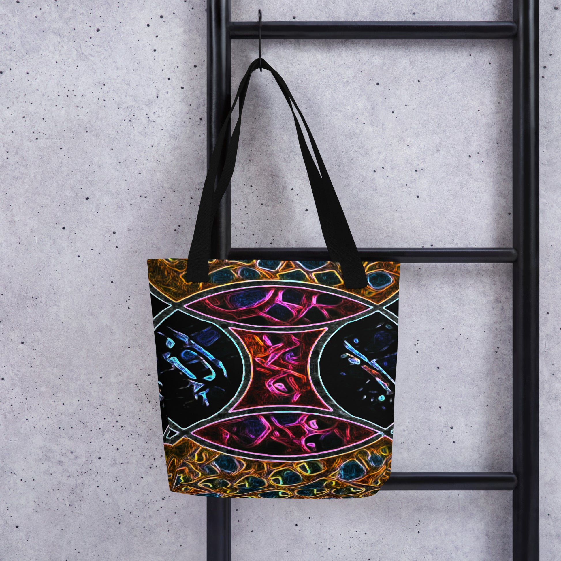 Product All-Over Print Tote Bag (tote bag) featuring Rune 2 Viking-inspired design with runic geometry and bold colors. Durable polyester and cotton handles create a stylish and artistic everyday accessory.