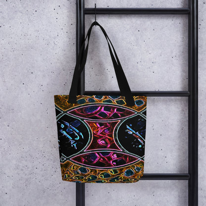 Product All-Over Print Tote Bag (tote bag) featuring Rune 2 Viking-inspired design with runic geometry and bold colors. Durable polyester and cotton handles create a stylish and artistic everyday accessory.