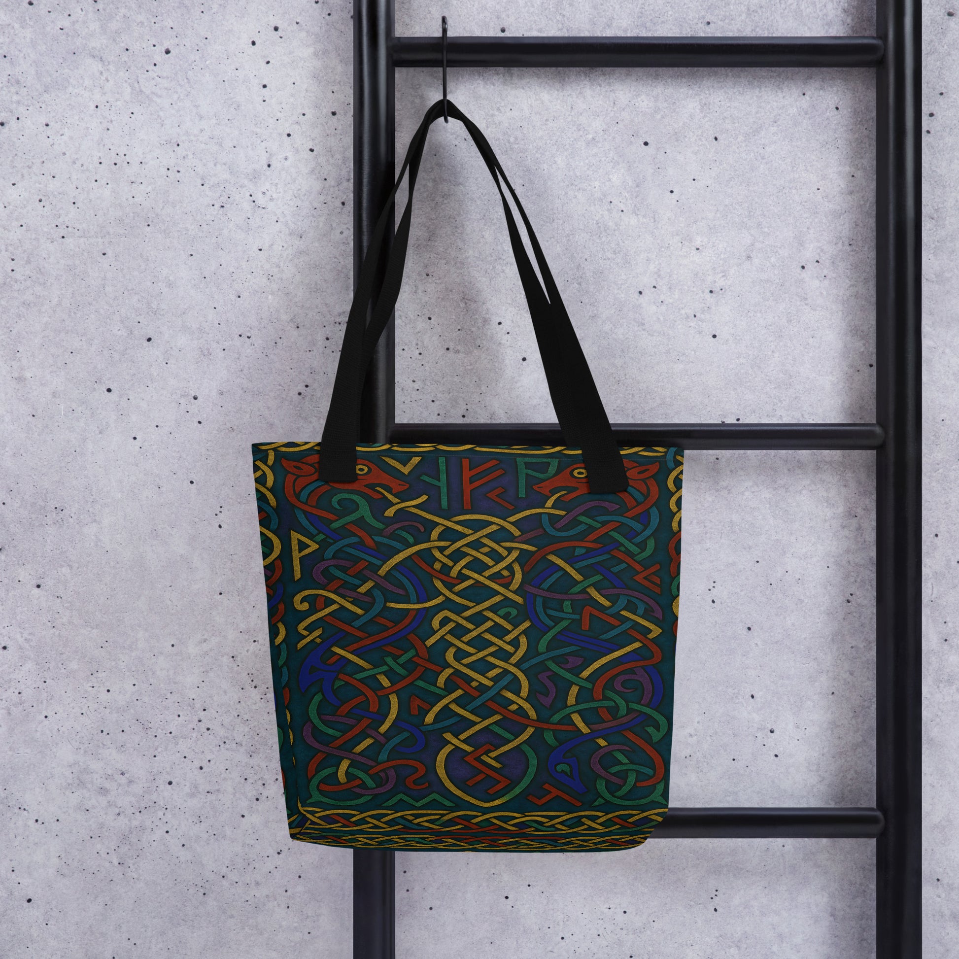 All-Over Print Tote Bag (tote bag) featuring Runic Knotwork – Viking Serpents & Wolves design. Intricate Norse knot patterns with serpents and wolves intertwined in vibrant colors, artistic and durable everyday accessory.