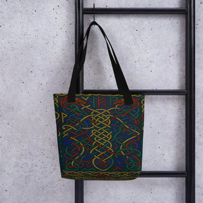 All-Over Print Tote Bag (tote bag) featuring Runic Knotwork – Viking Serpents & Wolves design. Intricate Norse knot patterns with serpents and wolves intertwined in vibrant colors, artistic and durable everyday accessory.
