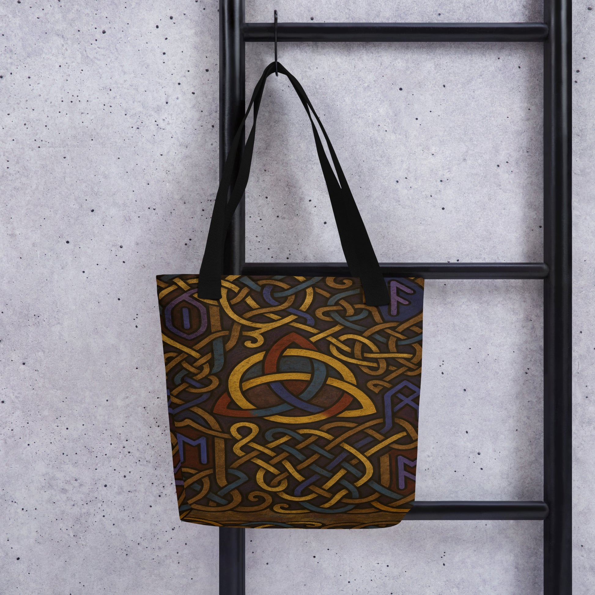 All-Over Print Tote Bag (tote bag) featuring Runic Viking Art – Celtic Knot Design. Interlaced golden patterns and Norse runes symbolizing unity and strength. Durable and artistic accessory for daily use.