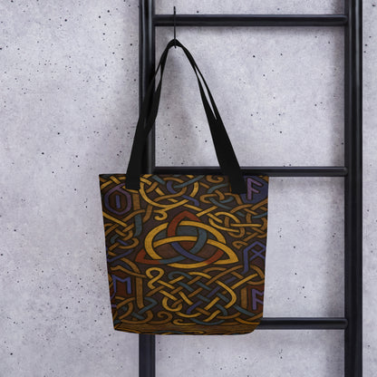 All-Over Print Tote Bag (tote bag) featuring Runic Viking Art – Celtic Knot Design. Interlaced golden patterns and Norse runes symbolizing unity and strength. Durable and artistic accessory for daily use.