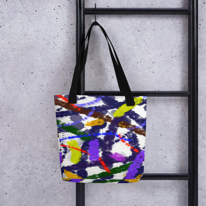 All-Over Print Tote Bag with Splashing abstract design showing colorful brushstrokes and splattered paint on a bright background. Energetic, artistic, and durable everyday accessory.