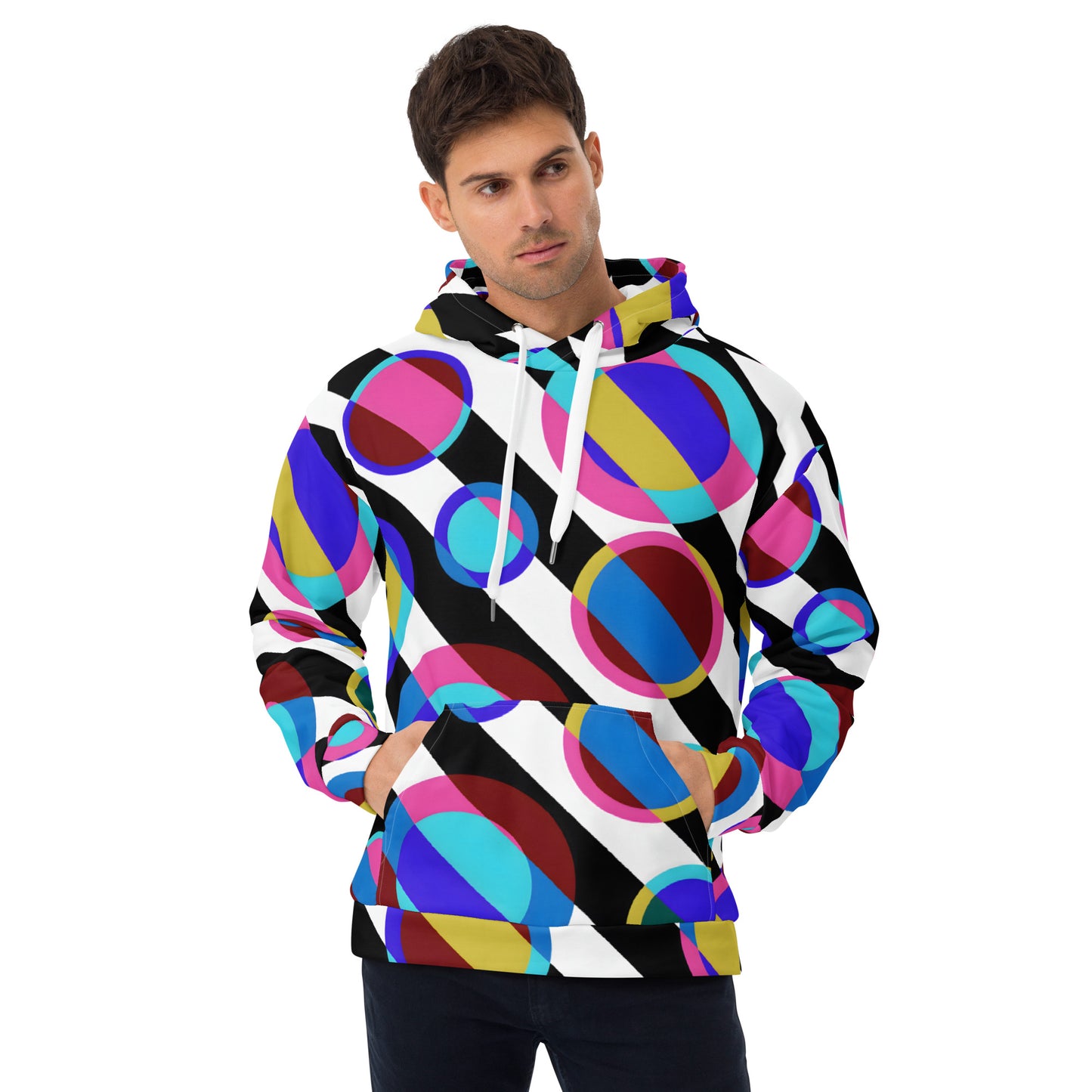 Unisex Hoodie – Bubble 3 Vintage Edition, colorful retro geometric circles in blue, pink, and gold, artistic recycled streetwear hoodie for men and women.