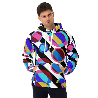 Unisex Hoodie – Bubble 3 Vintage Edition, colorful retro geometric circles in blue, pink, and gold, artistic recycled streetwear hoodie for men and women.