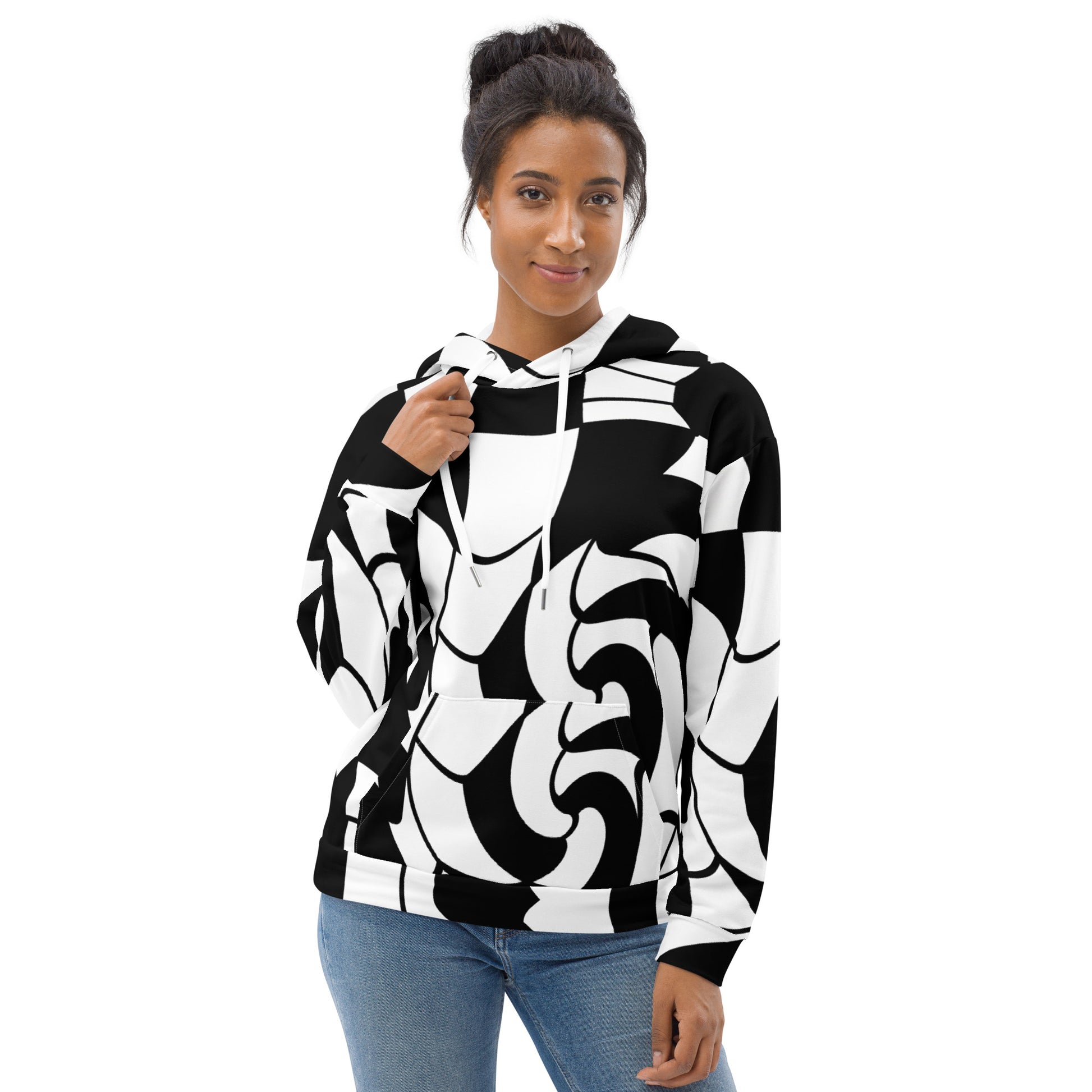 Unisex Hoodie – Checkered Love Black and White Edition, modern geometric pattern hoodie made from recycled polyester, artistic eco-friendly streetwear for men and women.