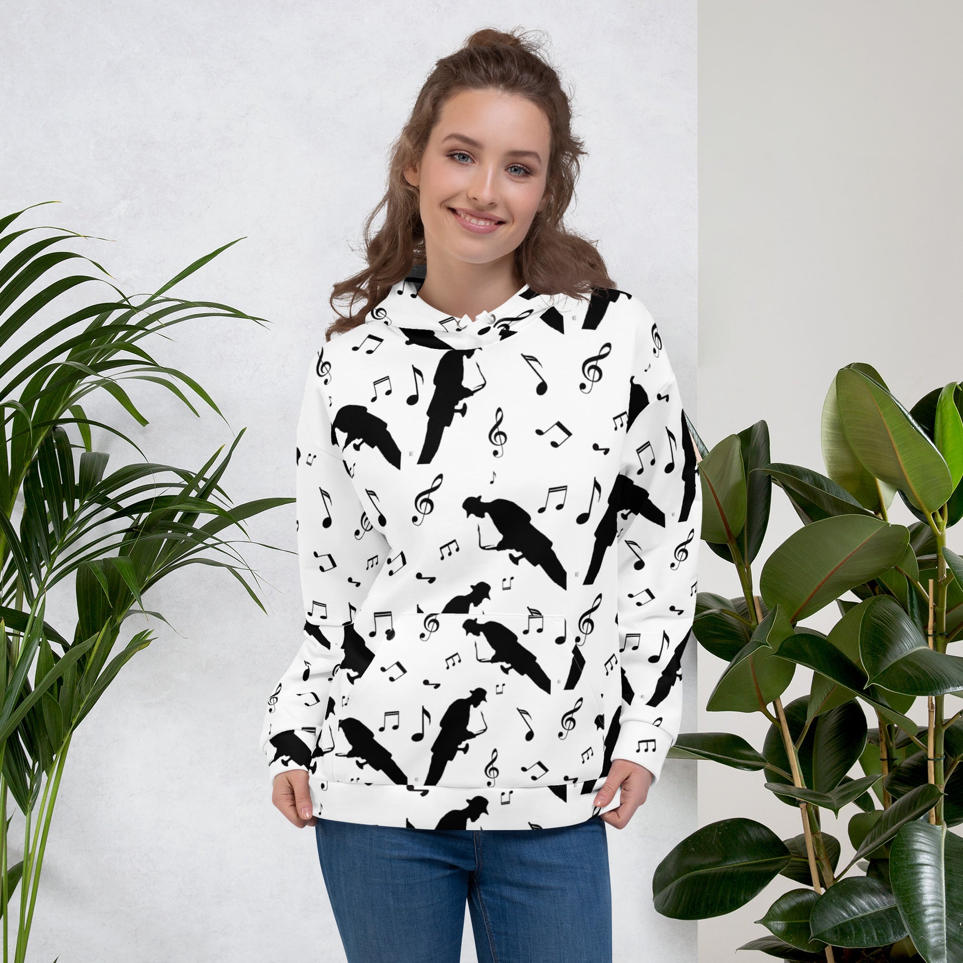 Unisex Hoodie – Music Retro Modern Edition, black music note and silhouette pattern on white background, artistic eco-friendly recycled streetwear hoodie for men and women.
