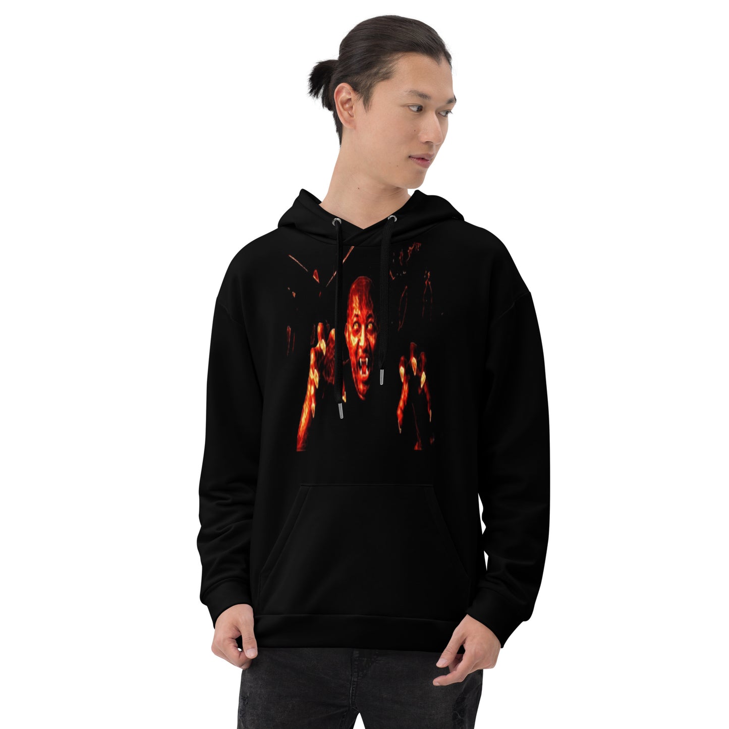 Unisex Hoodie – Vampyr. Cartoon-style vampire in red light, French design printed in the USA by a global POD company. Dark art hoodie for Halloween and autumn streetwear.