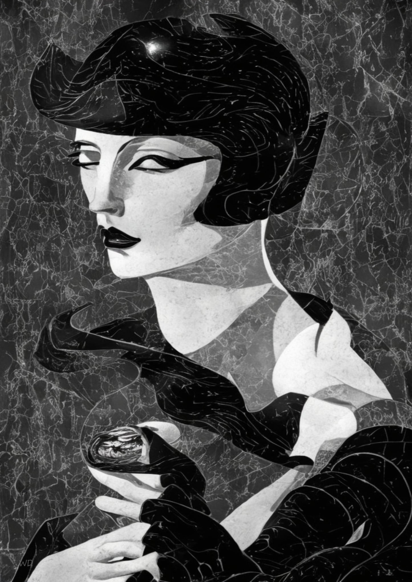 Abstract black and white Art Deco portrait of a woman with short dark hair and bold features, inspired by silent film star Louise Brooks.