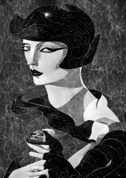 Abstract black and white Art Deco portrait of a woman with short dark hair and bold features, inspired by silent film star Louise Brooks.
