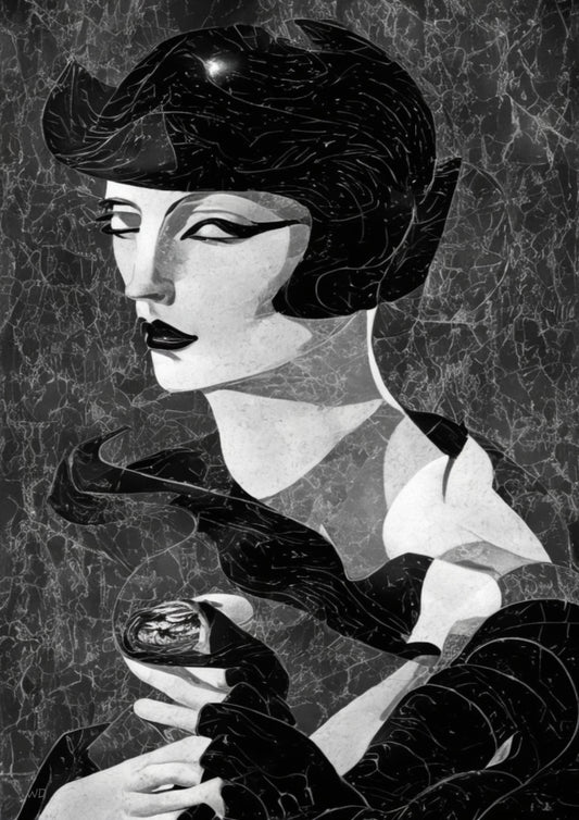 Abstract black and white Art Deco portrait of a woman with short dark hair and bold features, inspired by silent film star Louise Brooks.