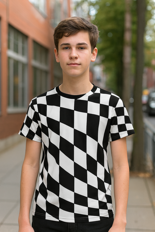 Unisex youth crew neck T-shirt “Distortion” featuring a vintage black-and-white distorted checkerboard; soft fabric, crisp high-contrast print; classy abstract look for teens.