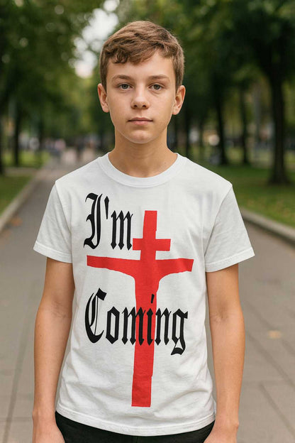 Youth crew neck T-shirt with “I’m Coming 2” Gothic design: red cross on white background, message of hope, tolerance, and peace; soft fabric, vivid print for teens.