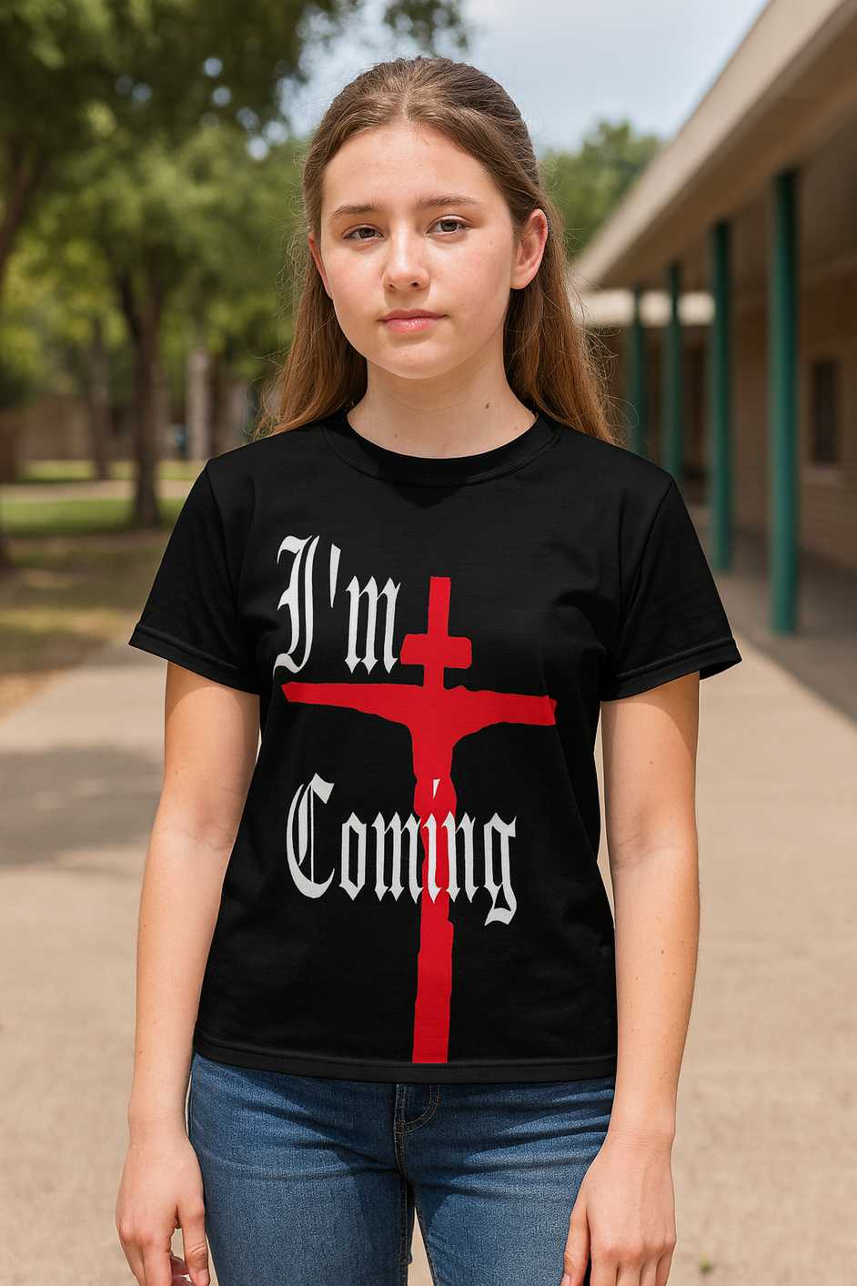 Youth crew neck T-shirt with “I’m Coming” Gothic design: large red cross and white lettering on a black background, soft fabric, vivid all-over print for teens; message of hope, tolerance, and peace.
