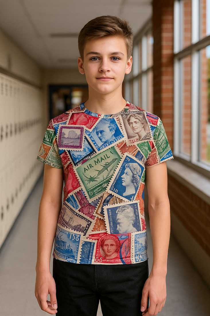 Unisex youth crew neck T-shirt “World Friendship” with a colorful all-over collage of vintage postage stamps; soft fabric, vivid print; teen boy in a school hallway—creative wearable art for everyday style.