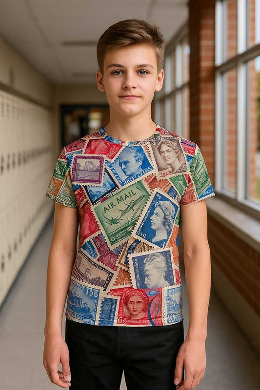Unisex youth crew neck T-shirt “World Friendship” with a colorful all-over collage of vintage postage stamps; soft fabric, vivid print; teen boy in a school hallway—creative wearable art for everyday style.