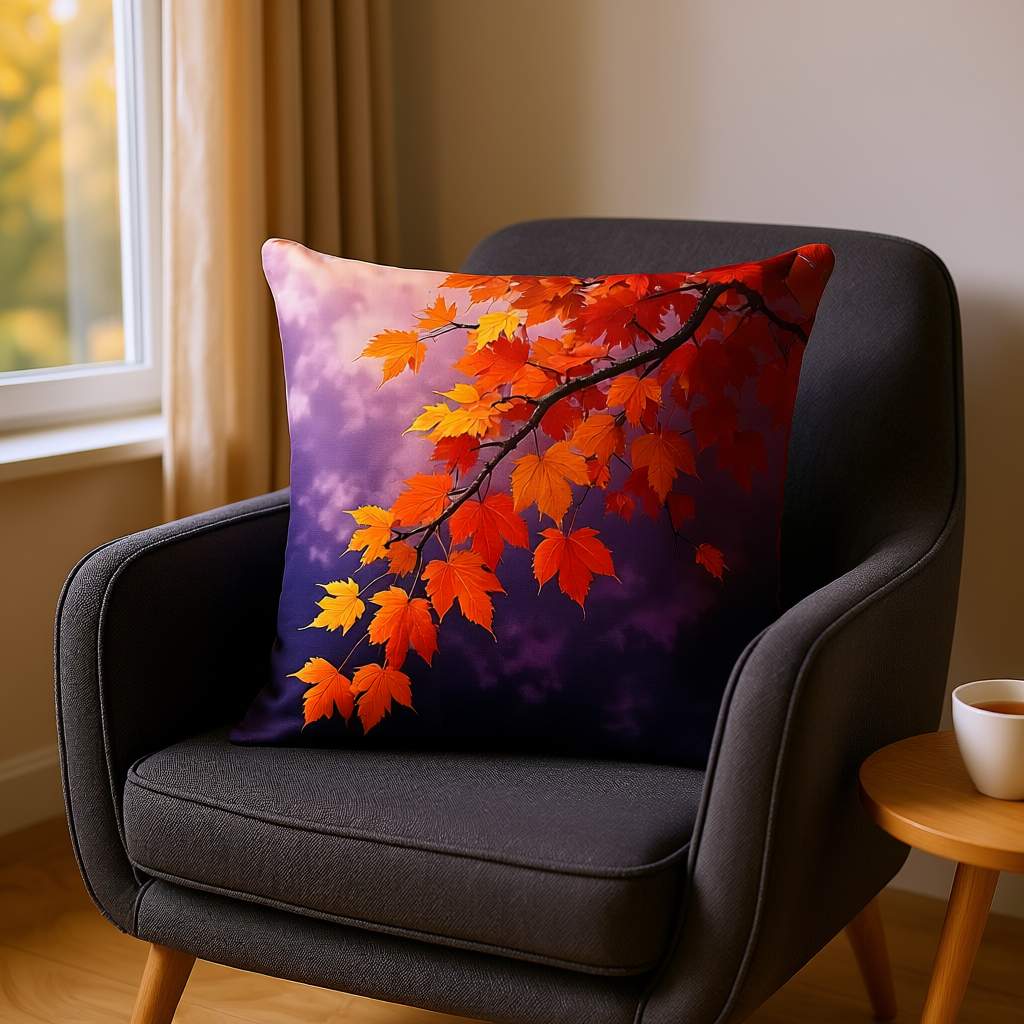 All-Over Print Basic Pillow on a dark armchair, featuring the Autumn Glow – Crimson Leaves design with red, amber, and golden leaves against a deep violet sky. Natural light from the window enhances the warm seasonal atmosphere.