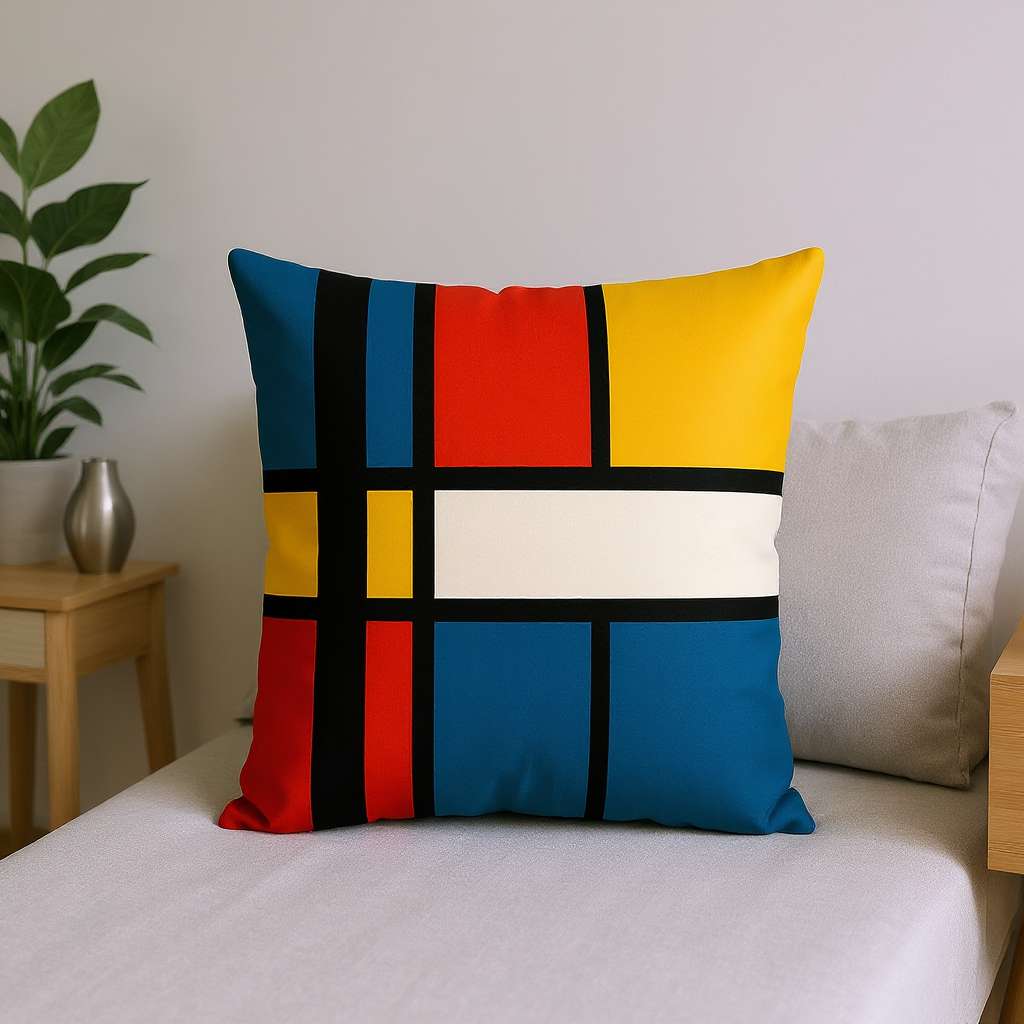 All-Over Print Basic Pillow on a light-colored bed, featuring the Chromatic Order design with bold geometric blocks of blue, red, yellow, white, and black. Indoor lighting highlights the modern, retro-inspired aesthetic.