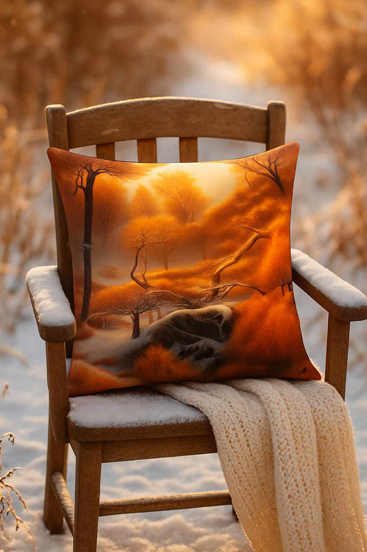 All-Over Print Basic Pillow on a wooden chair in a snowy outdoor setting, featuring the Golden Winter Forest design with amber trees, soft winter sunlight, and warm contrasting tones. A knitted blanket drapes over the chair, adding seasonal warmth.